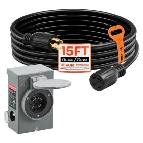 VEVOR 30 Amp Generator Cord and Power Inlet Box, 15 FT, 125/250V NEMA L14-30P to L14-30R Heavy Duty Extension Power Cord, SJTW 10 Gauge 7500W